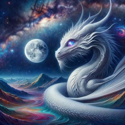 The primary subject of the image is a white dragon with blue eyes, which is the main focus of the scene. The dragon is situated in a colorful, swirling background, creating a vibrant and lively atmosphere. The visual style of the image is digital art, as it is a well-crafted and detailed illustration. The dominant colors in the image are white, blue, and various shades of the colorful background, which contribute to the overall mood of the scene.